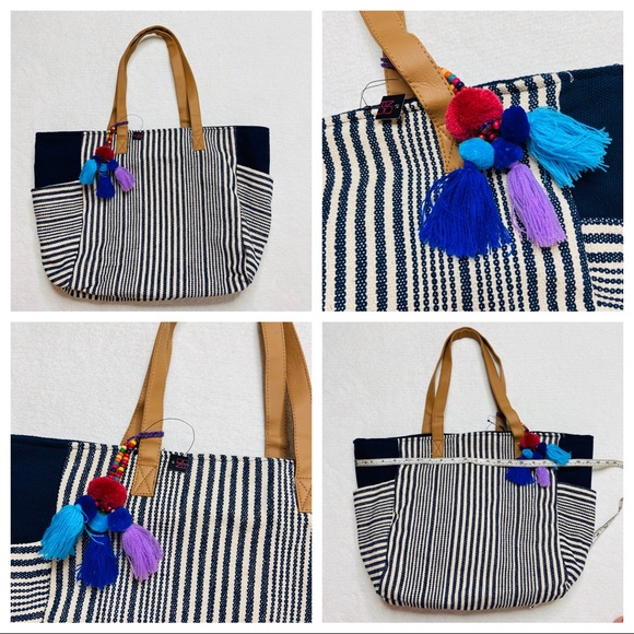 Tote Bag Beach Striped Blue White Canvas Tassels - Picture 1 of 8